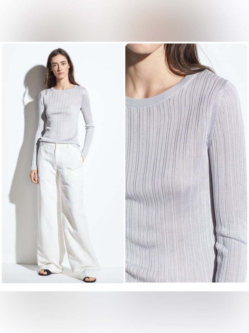 VINCE Ribbed Crew Long-Sleeve Top in Silver Size Medium